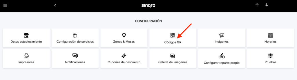 Sección de códigos QR en Sinqro