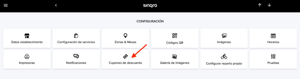 Sección de cupones de descuento en Sinqro