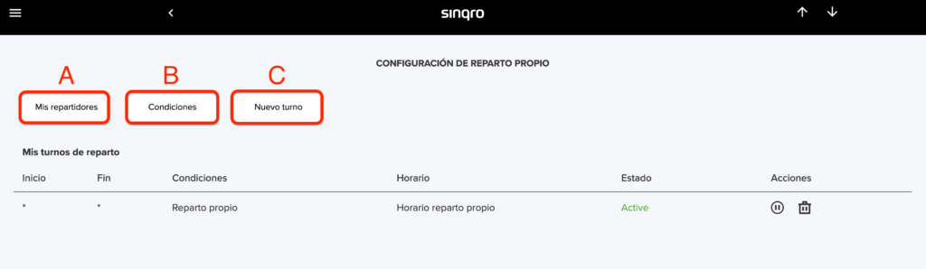 Opciones de mis repartidores, condiciones y nuevo turno en Sinqro