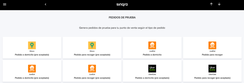 Confirmación de un pedido de prueba en Sinqro