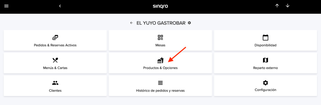 Sección de Productos y Opciones en Sinqro