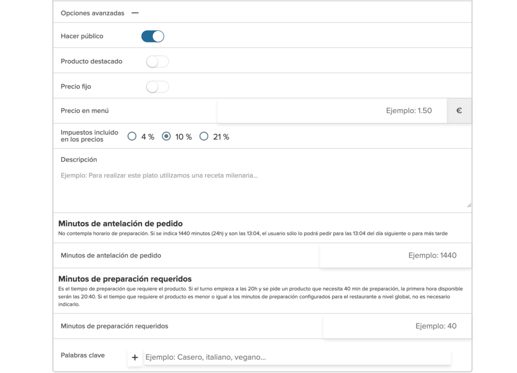 Detalle de tiempo de preparación y antelación en opciones avanzadas de Sinqro