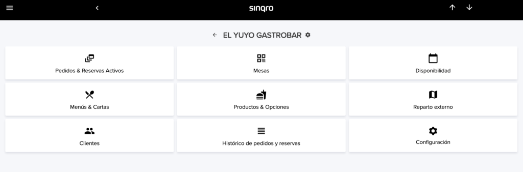 Panel de opciones principales de Sinqro para administrar el restaurante