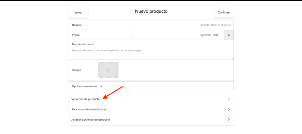Configuración de variantes y precio en menú de un producto en Sinqro