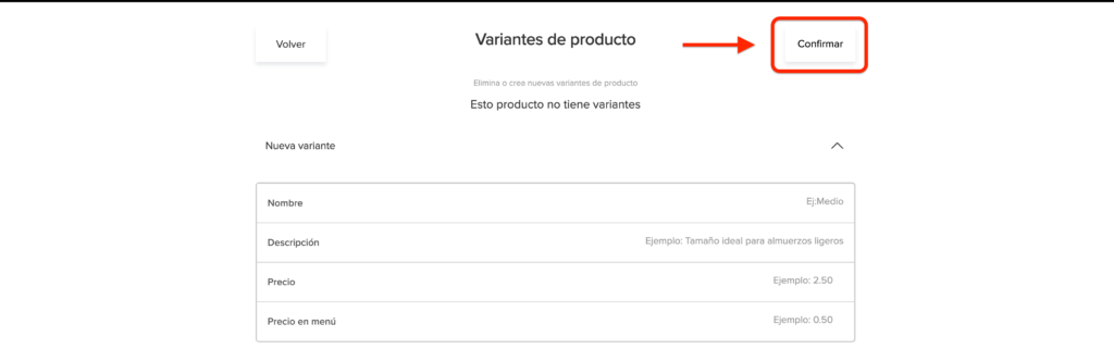 Confirmación de variantes de producto en Sinqro