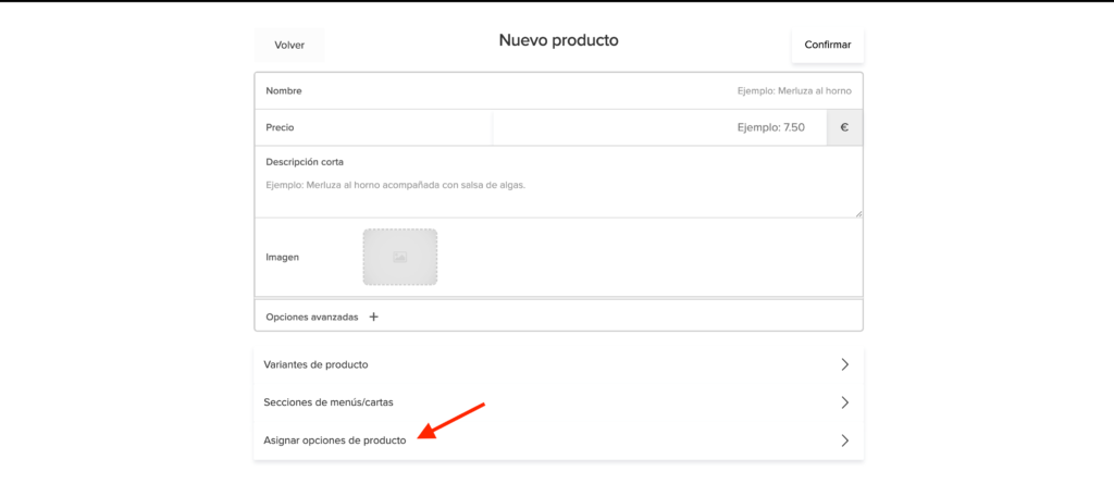 Ventana para asignar opciones de producto en Sinqro