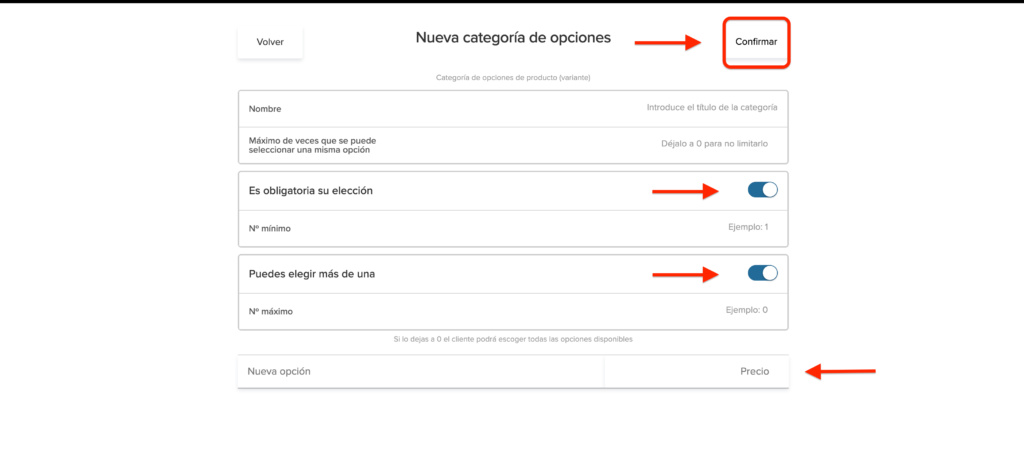 Configuración de extras y precios de un producto en Sinqro