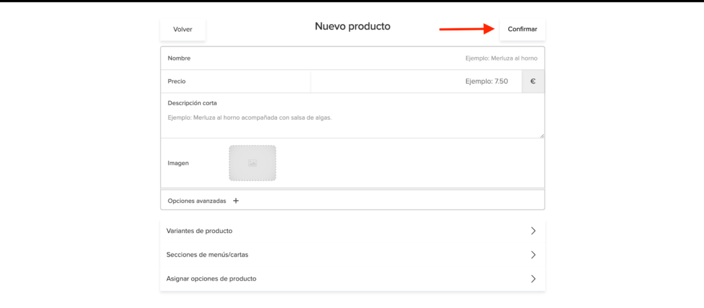 Confirmación final de creación de producto en Sinqro