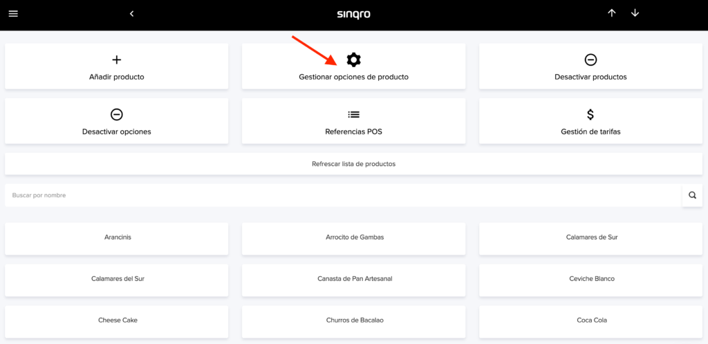 Sección de gestión de opciones de producto en Sinqro