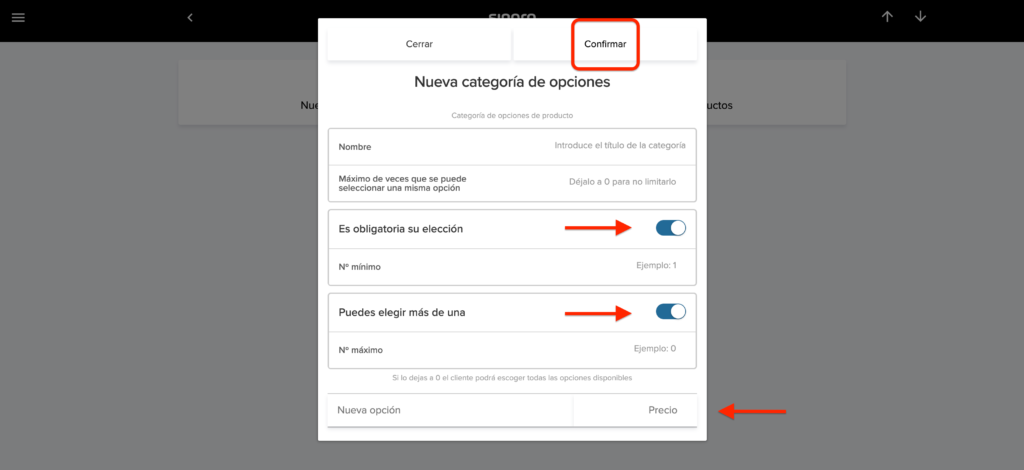 Configuración de nueva categoría de opciones de producto en Sinqro