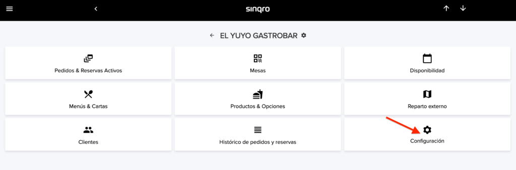 Menú de Configuración en Sinqro