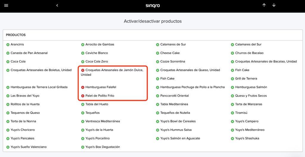 Botón para activar o desactivar un producto en Sinqro