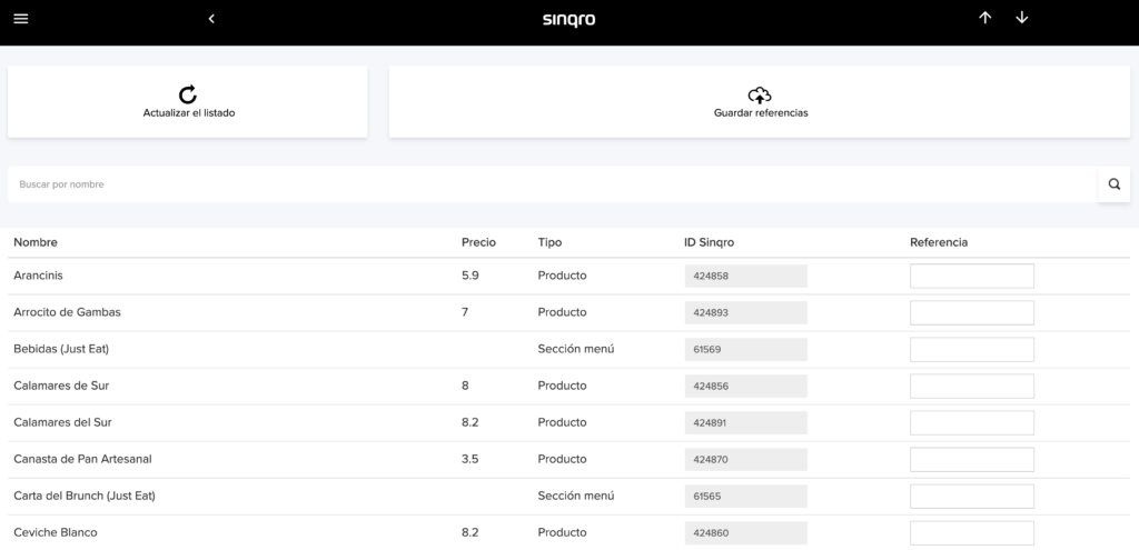 Listado de referencias POS de productos en Sinqro