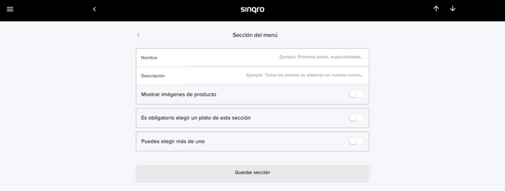 Configuración de una nueva sección del menú en Sinqro