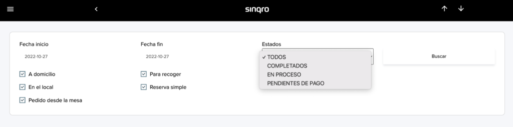 Filtros de fecha, servicio y estado en el histórico de pedidos de Sinqro