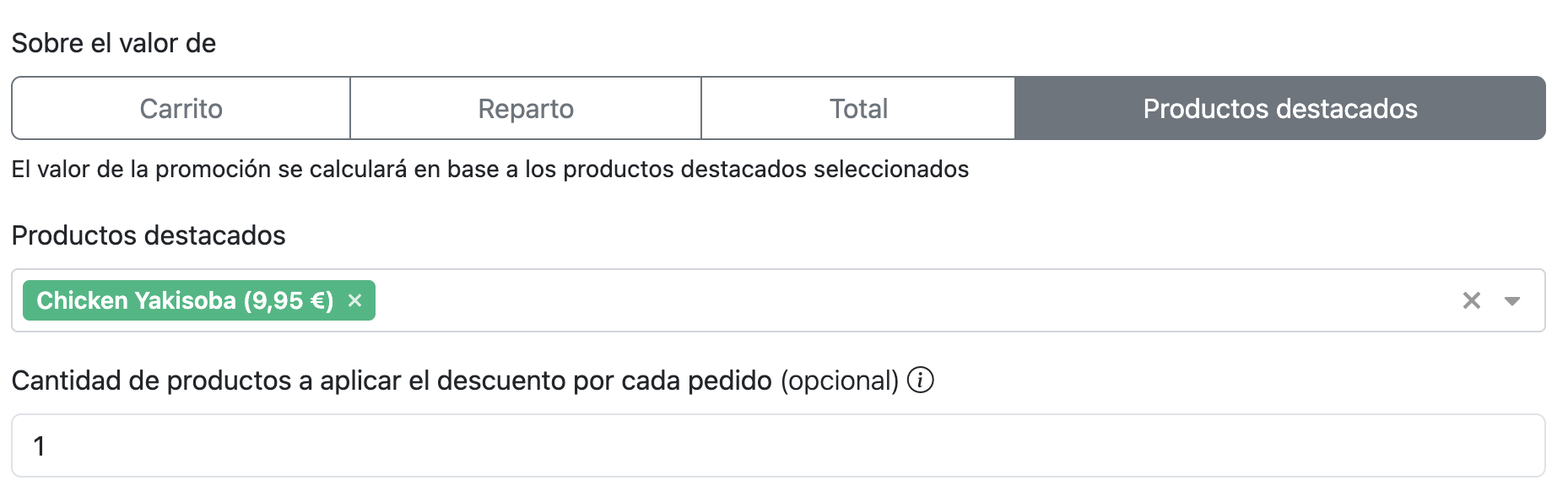Campo para seleccionar productos destacados en una promoción de Delitbee