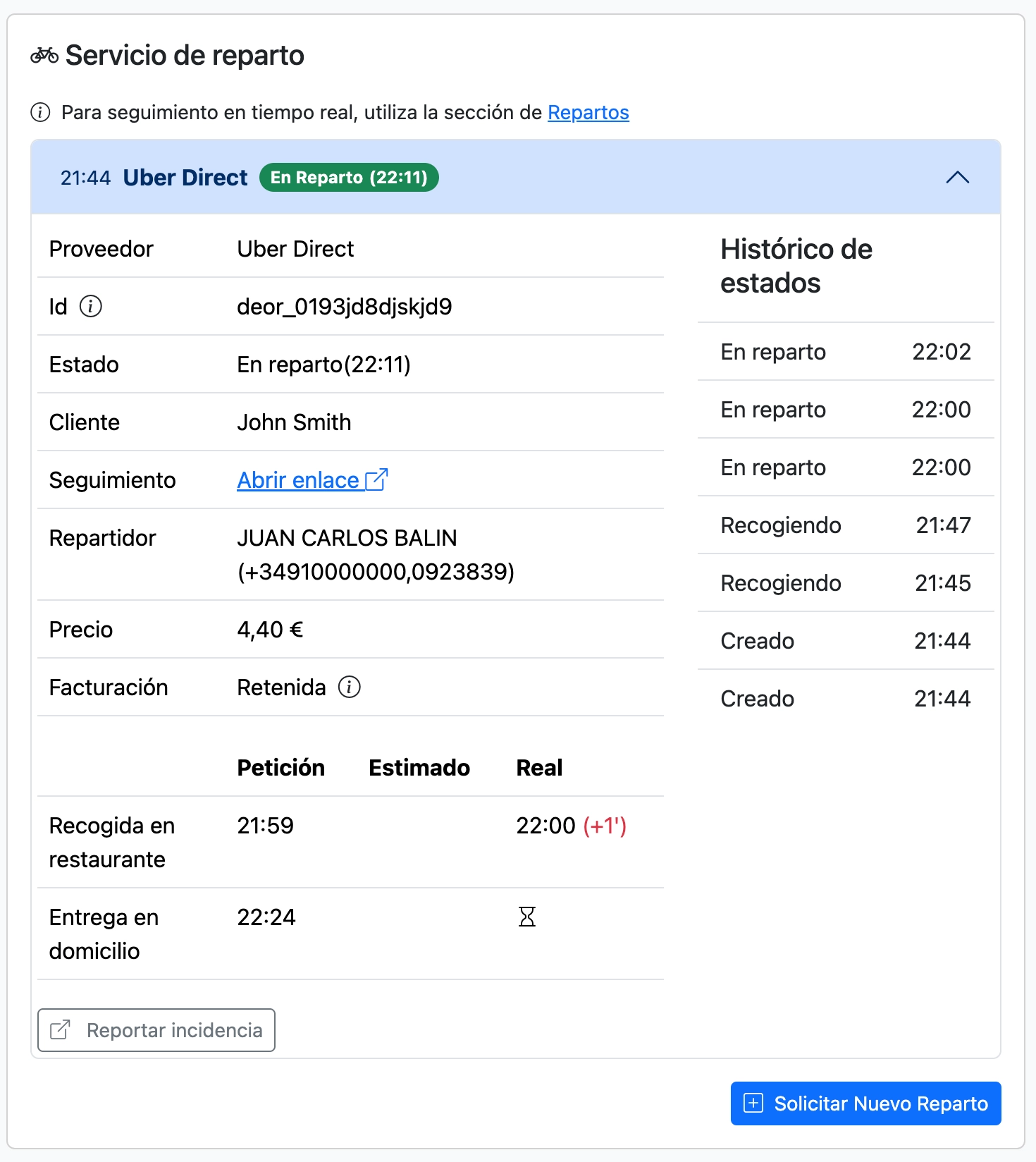 Datos de contacto del repartidor en el detalle del servicio de reparto