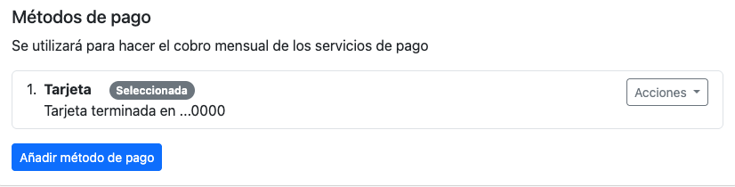 Sección de métodos de pago en el portal de Delitbee