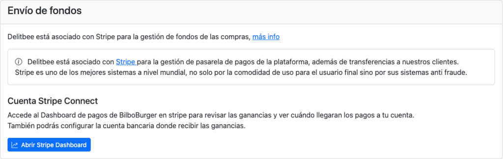 Botón Abrir Stripe Dashboard en el portal de Delitbee