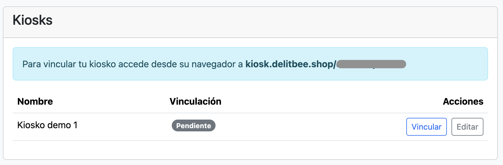 Sección de kiosks en la configuración del restaurante en el portal de Delitbee