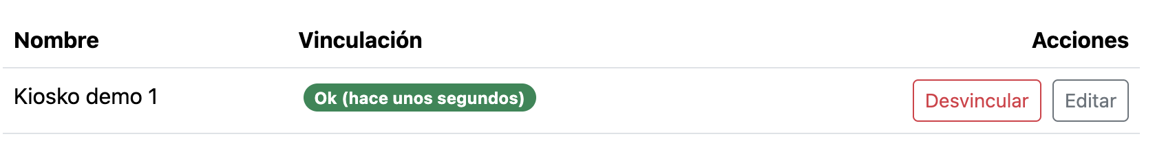 Estado de vinculación del kiosko en OK en el portal de Delitbee
