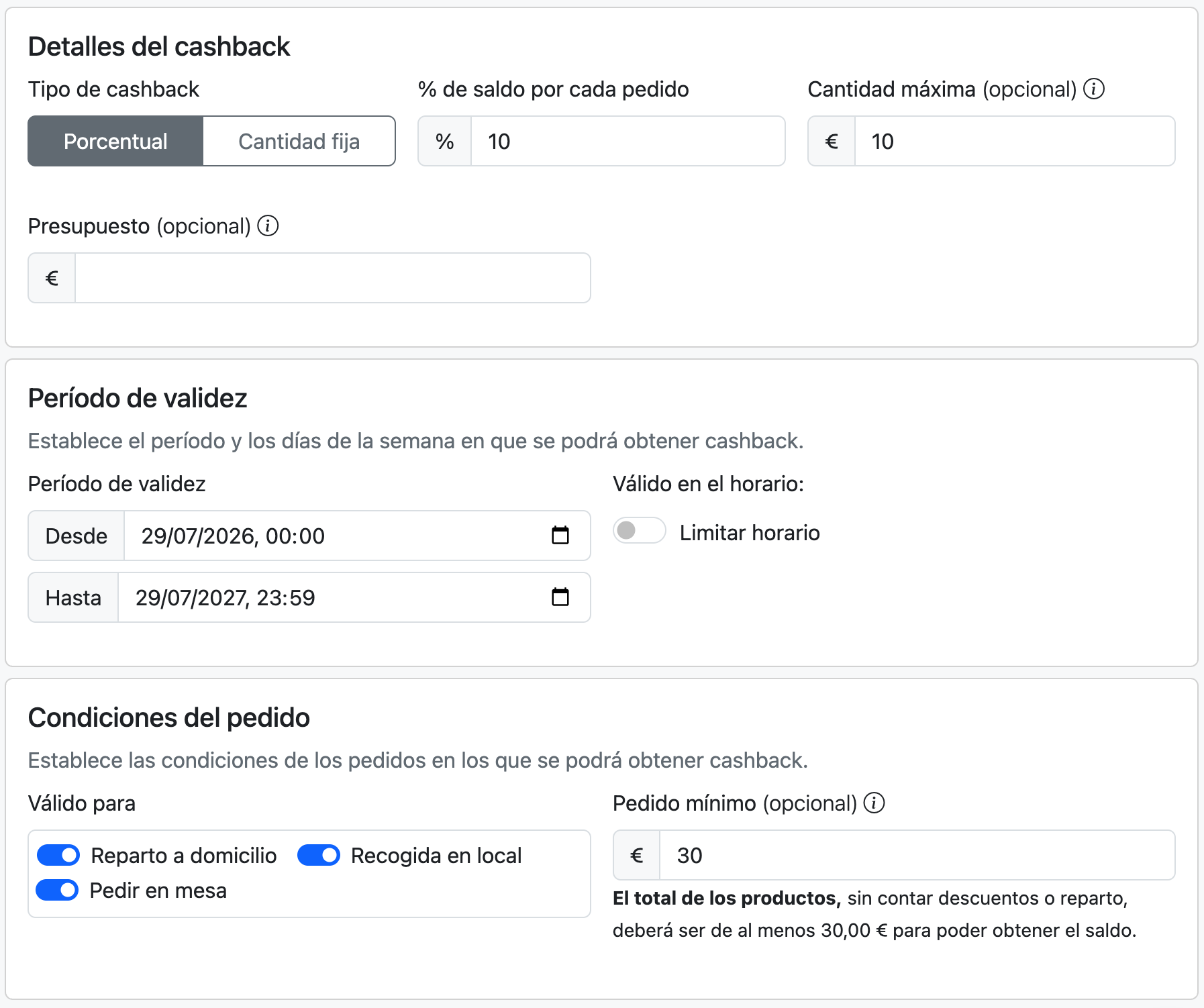 Formulario de configuración de cashback con tipo de cashback, porcentaje, cantidad máxima, presupuesto, período de validez y condiciones del pedido