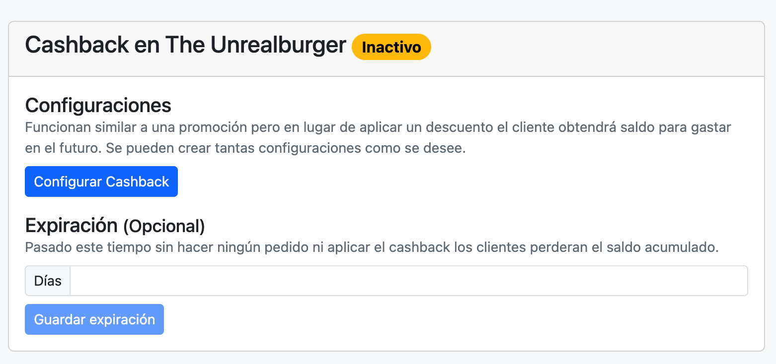 Tarjeta de Cashback en estado Inactivo con el botón Configurar Cashback y el campo de Expiración en días