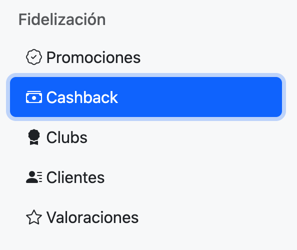 Menú lateral de Fidelización en el Portal de Delitbee con la opción Cashback seleccionada, junto a Promociones, Clubs, Clientes y Valoraciones