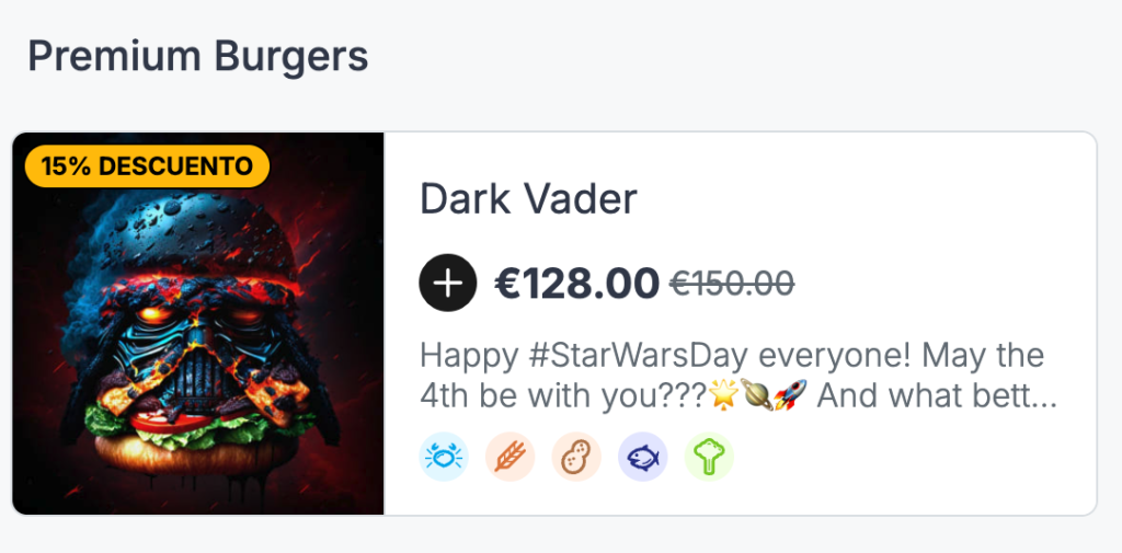 Producto Dark Vader en el catálogo mostrando el precio tachado de 150€ y el precio con descuento de 128€ junto a la etiqueta 15% DESCUENTO