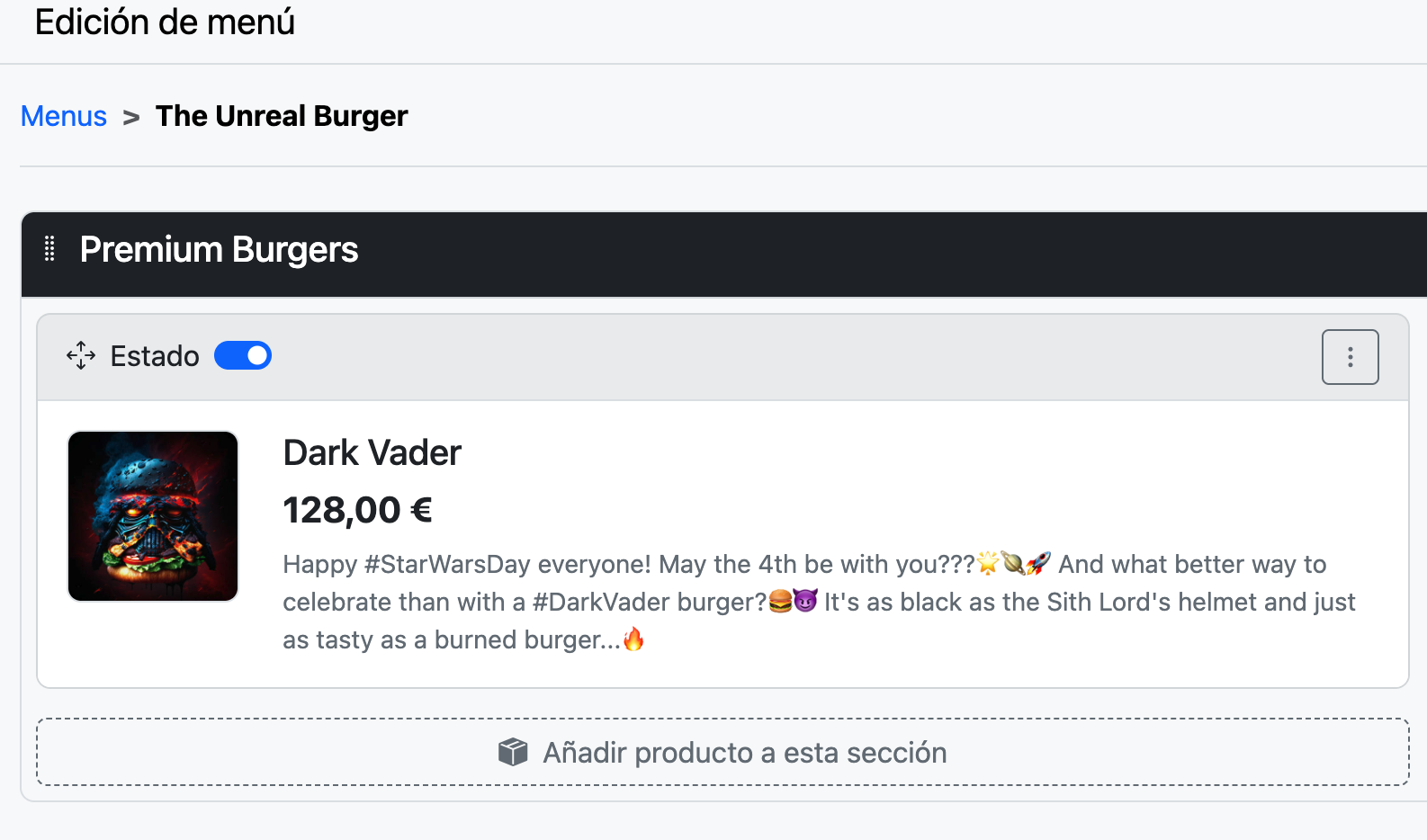 Ventana de producto Dark Vader en la tienda online mostrando el aviso de promoción con los códigos DARKPROMO15 y PROMO15 aplicados