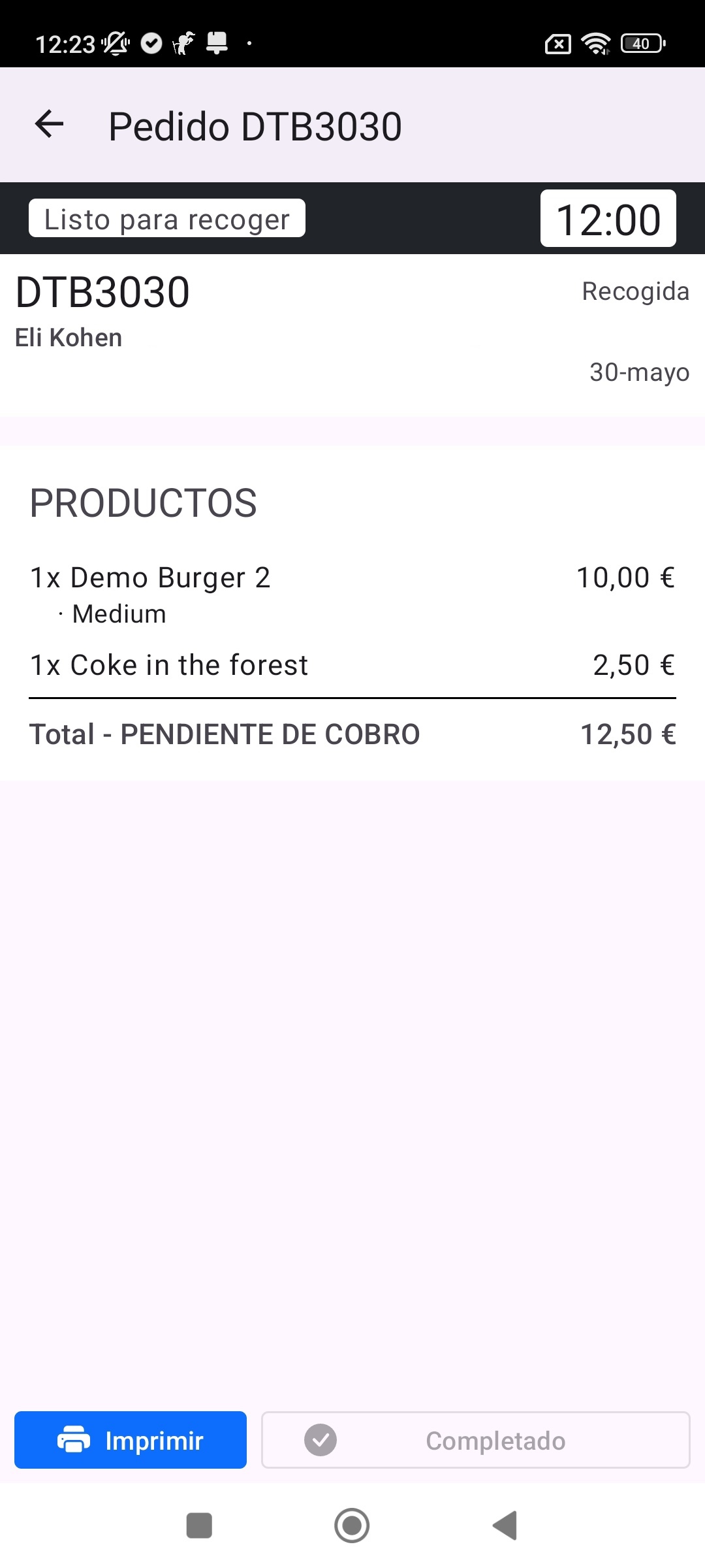 Captura de la app Delitbee Gestor con el detalle de un pedido y el botón para imprimir el ticket