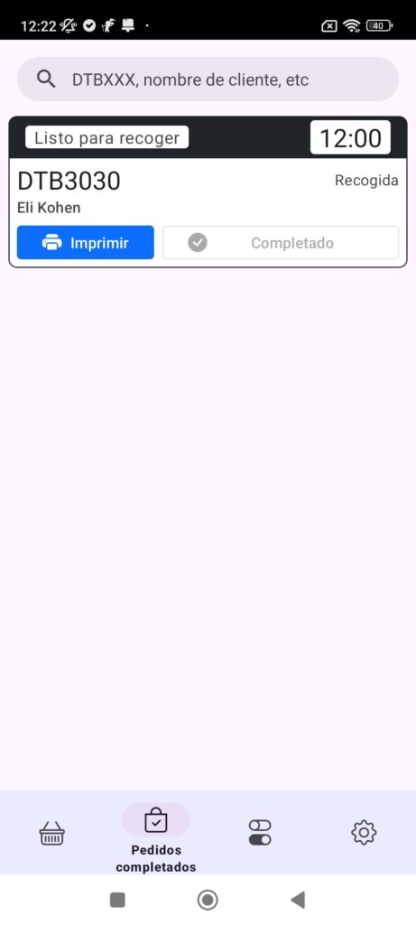 Captura de la app Delitbee Gestor con la lista de pedidos completados