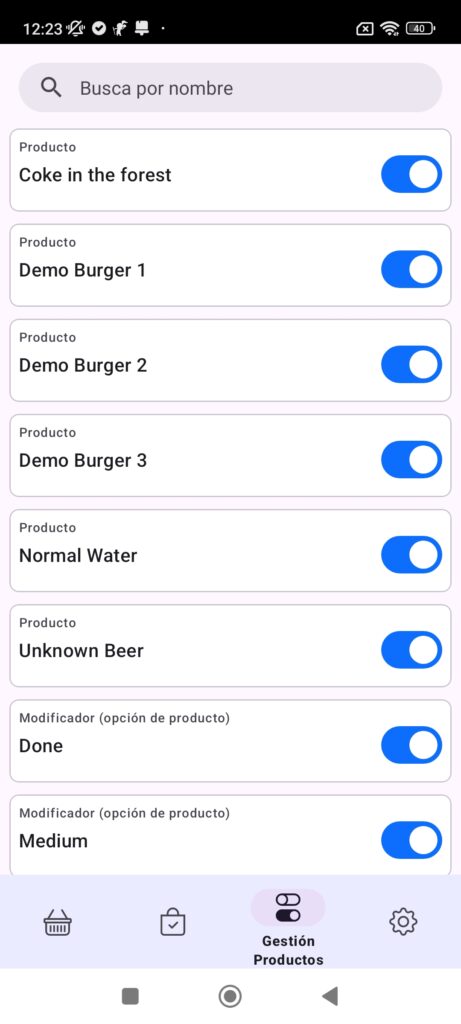 Captura de la app Delitbee Gestor en la sección de gestión de productos, activando y desactivando productos