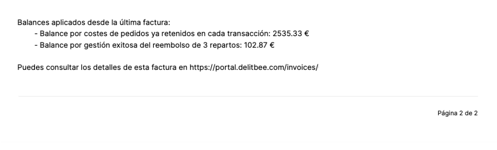 Ejemplo de factura de Delitbee, página 2 con desglose de conceptos