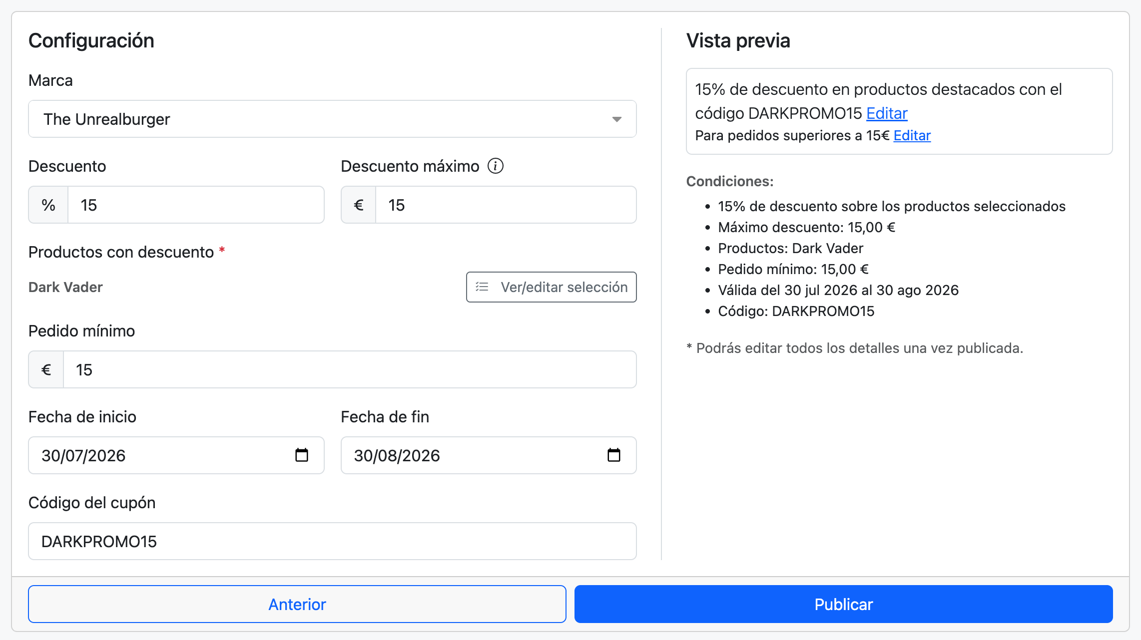 Producto Dark Vader mostrado en el menú Premium Burgers con un precio específico de 100€ sin marcarlo como descuento