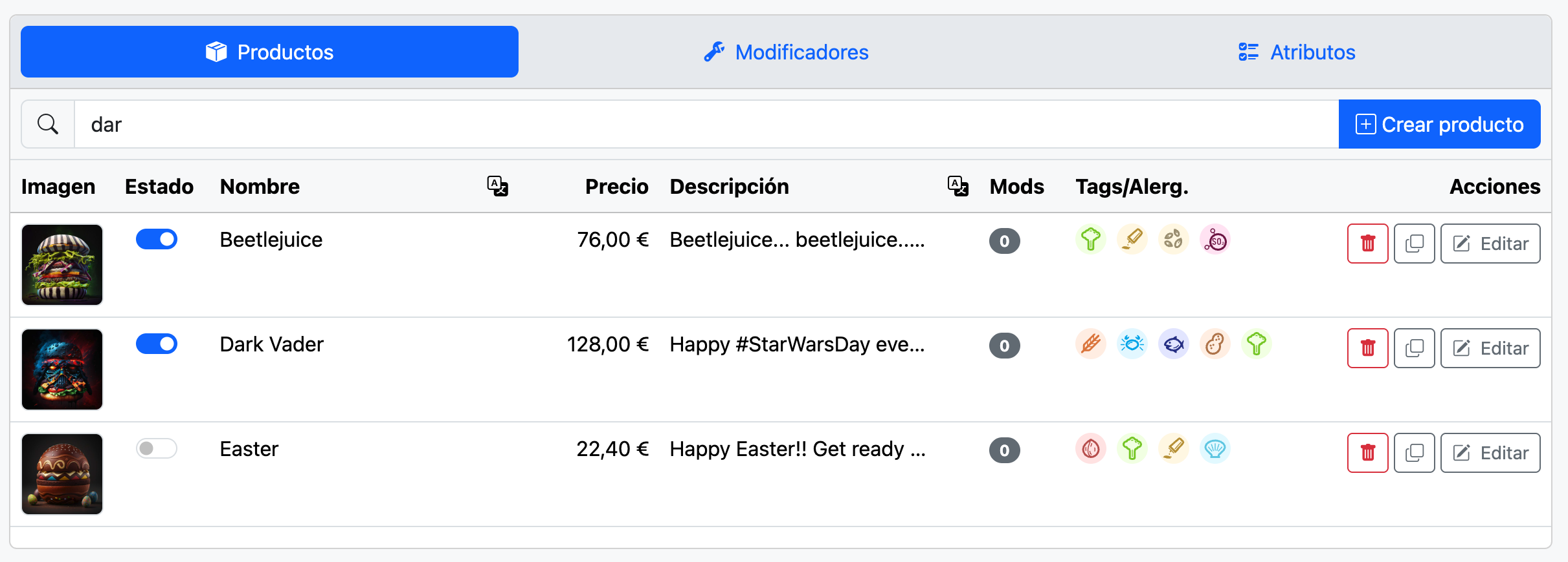 Modal para seleccionar los productos a los que se aplicará la promoción, con el producto Dark Vader marcado