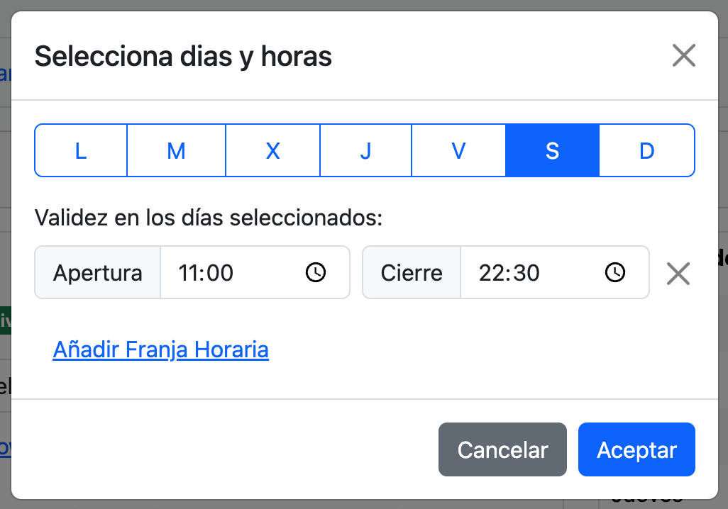 Ventana modal "Selecciona días y horas" con selector de días de la semana y campos de apertura y cierre en el portal DelitBee