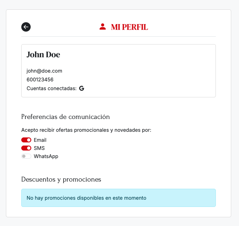 Perfil de cliente en la tienda online de Delitbee con las preferencias de comunicación separadas por canal: Email, SMS y WhatsApp