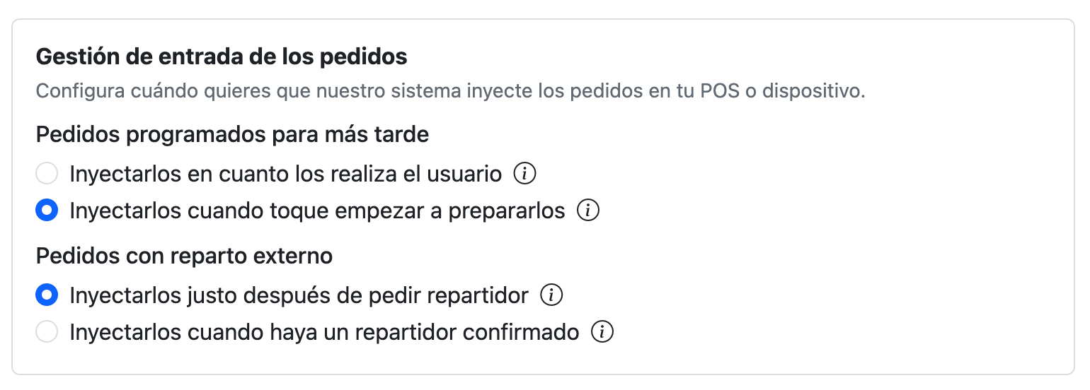 Sección Gestión de entrada de los pedidos con las opciones para pedidos programados y pedidos con reparto externo